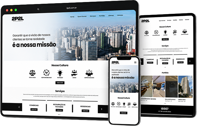 Site da 2P2L Engenharia em desktop, tablet e celular