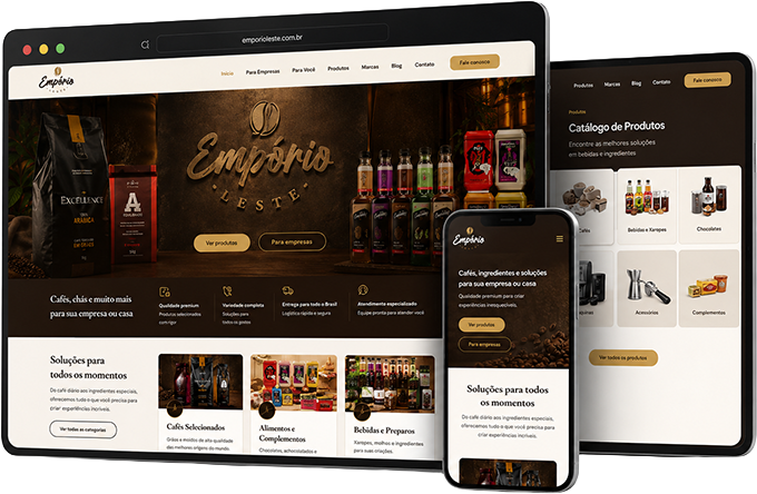 Site do Empório Leste em desktop, tablet e celular